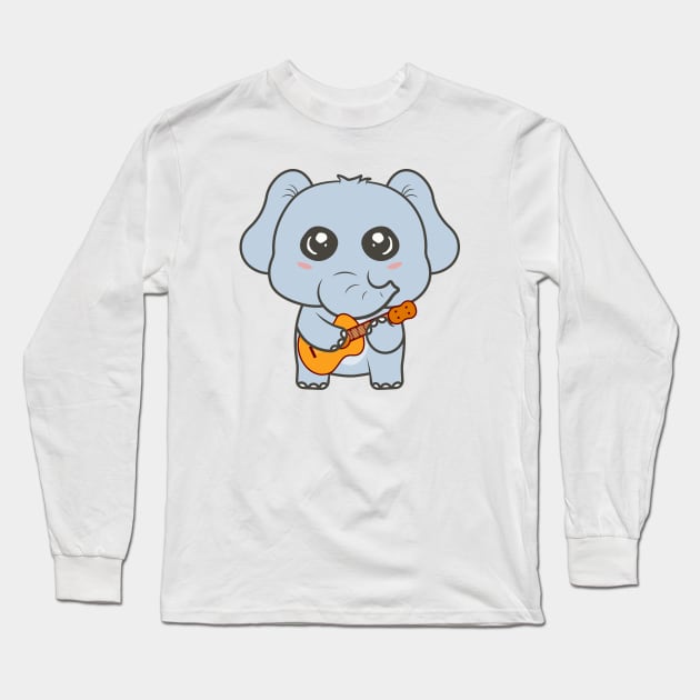 Adorable Elephant Playing Acoustic Guitar Cartoon Long Sleeve T-Shirt by RayanPod